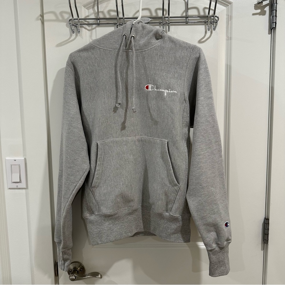 Champion Reverse Weave Gray Logo Hoodie XS Unisex Pullover